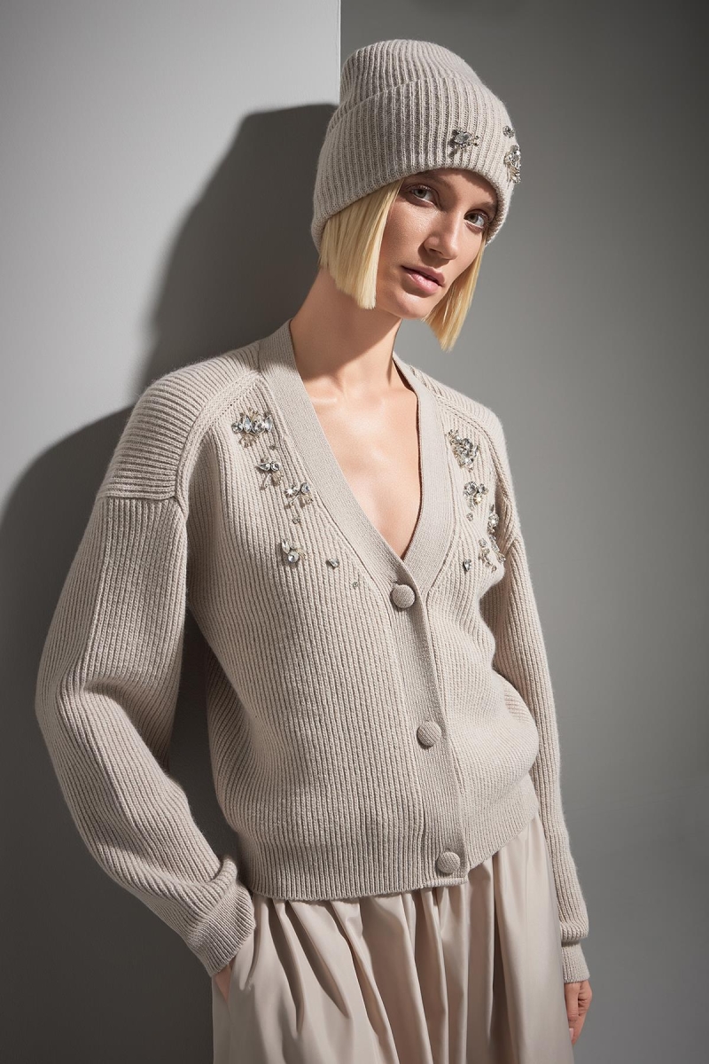 Join Us Kadın El İşi Taş İşlemeli Triko Hırka W097 Bej Bej