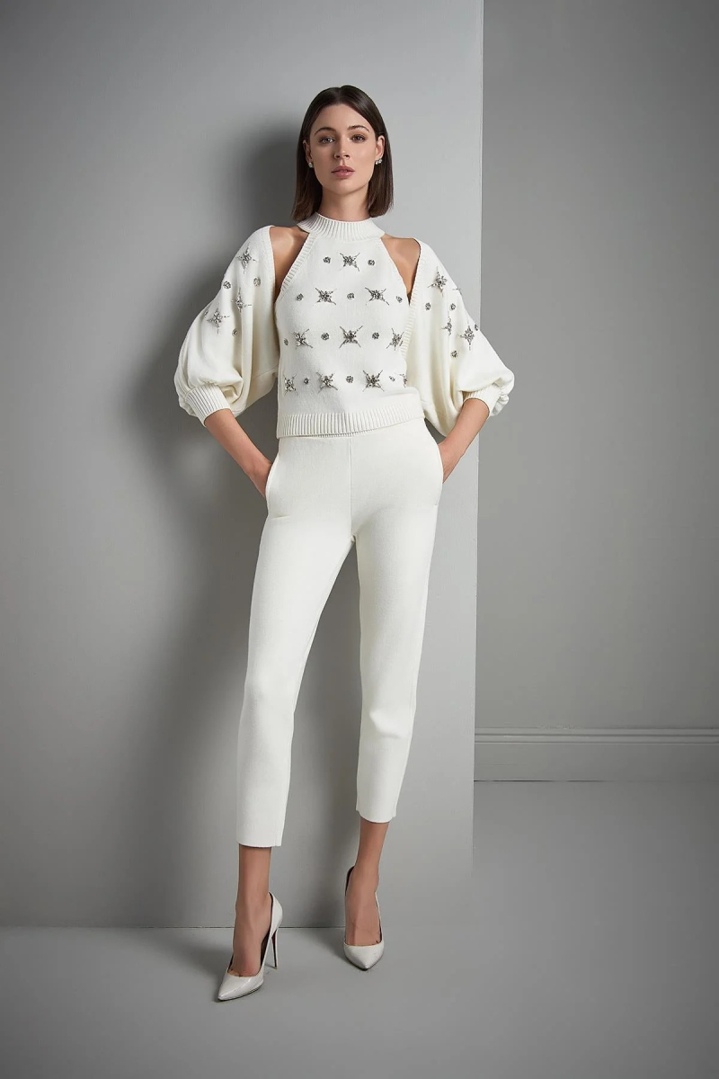 Join Us Kadın El İşi Taş İşlemeli Triko Hırka W105 Ekru Ekru