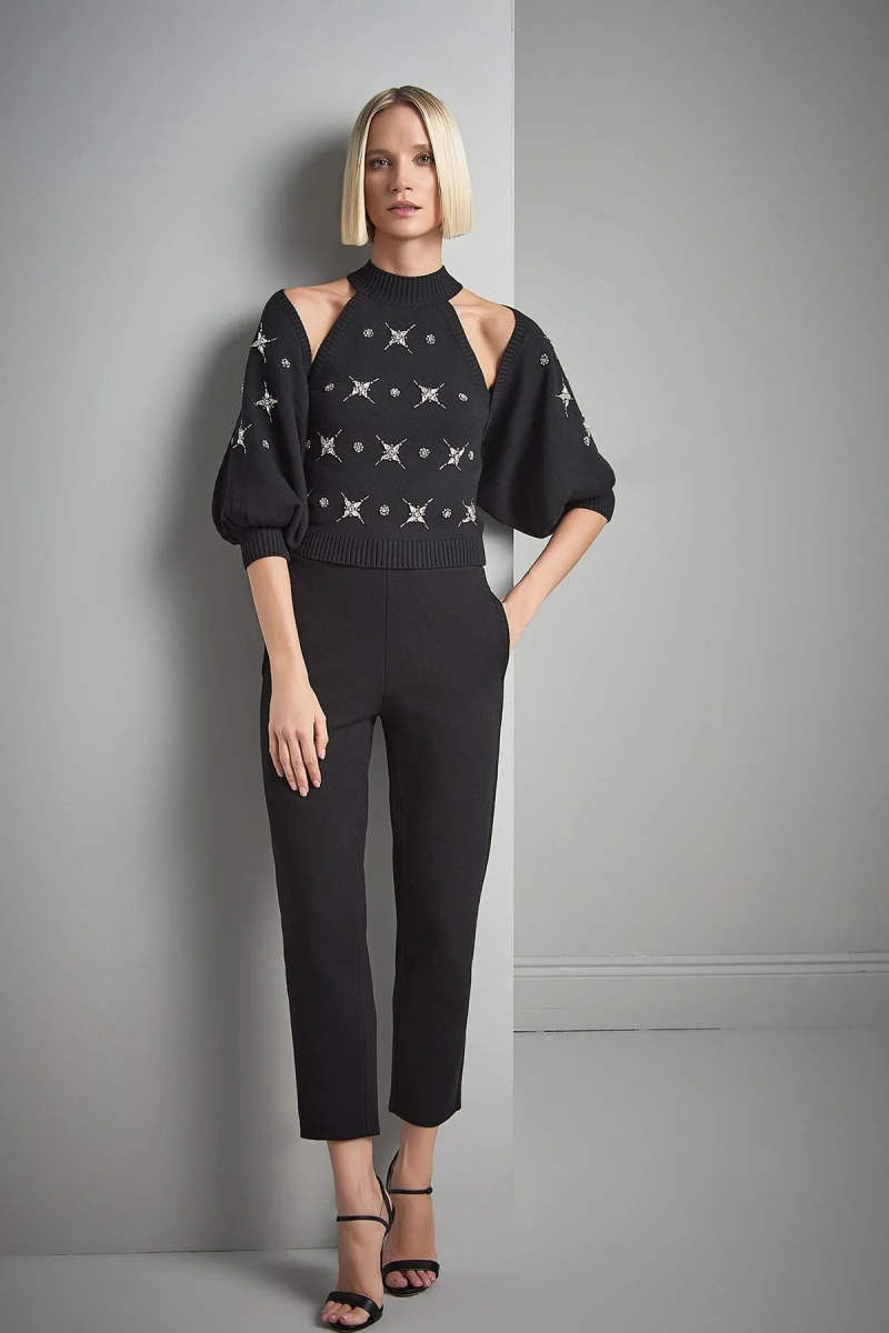 Join Us Kadın El İşi Taş İşlemeli Triko Hırka W105 Siyah Siyah