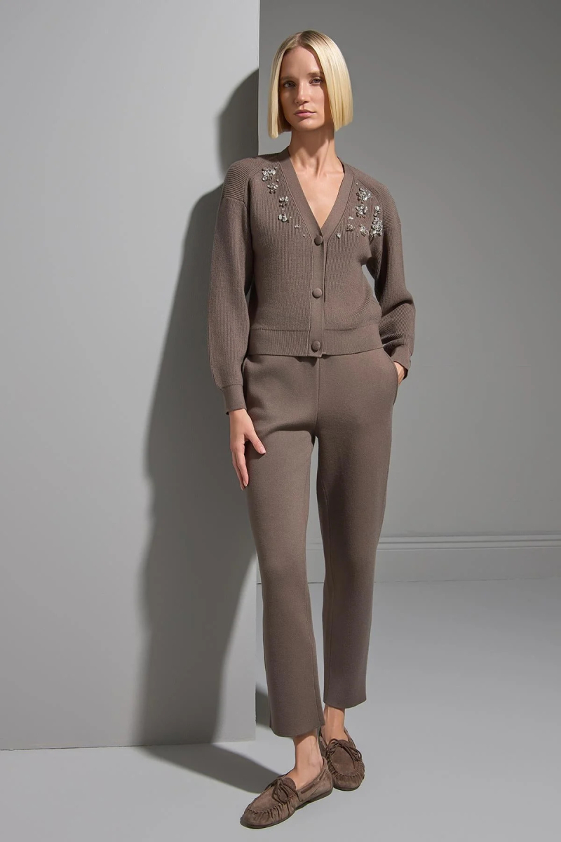 Join Us Kadın El İşi Taş İşlemeli Triko Hırka W189 Kahverengi Kahverengi