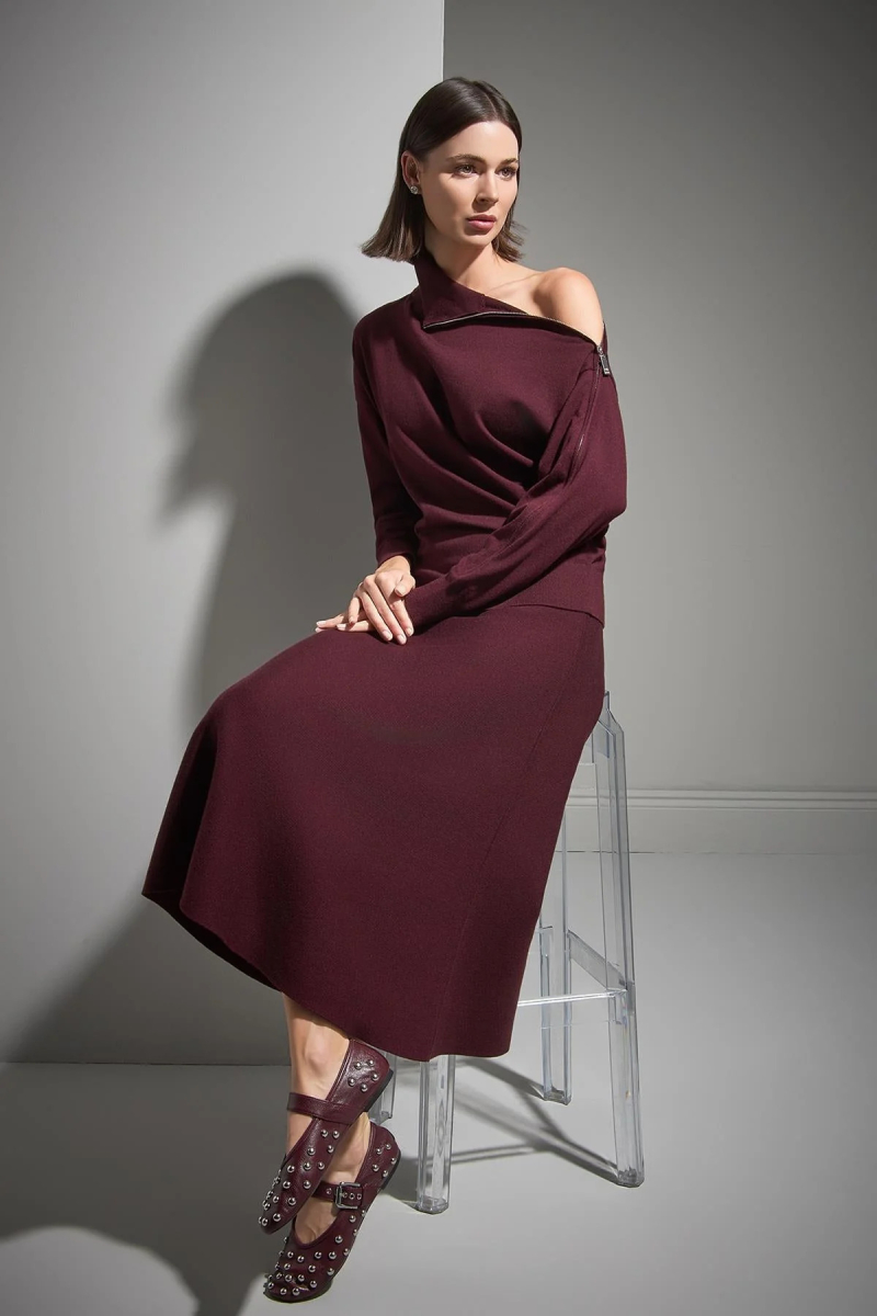 Join Us Kadın Fermuar Detaylı Dik Yaka Triko Kazak W023 Bordo Bordo