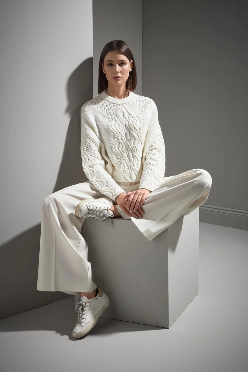 Join Us Kadın Fonksiyonel Dantel Yaka Detaylı Triko Kazak W031 Ekru Ekru