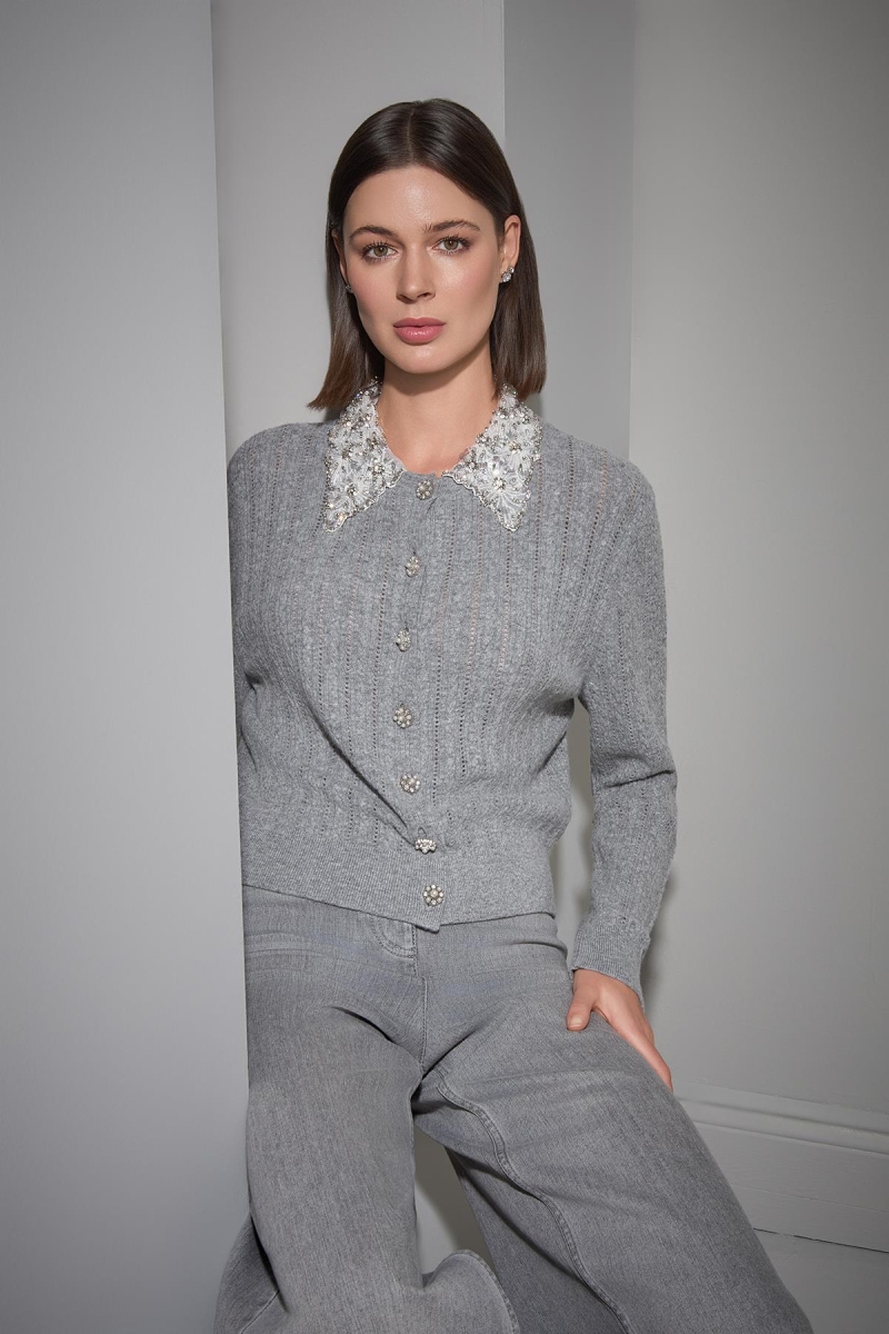 Join Us Kadın Fonksiyonel Taşlı Yaka ve Düğmeli Triko Hırka W118 Gri Gri