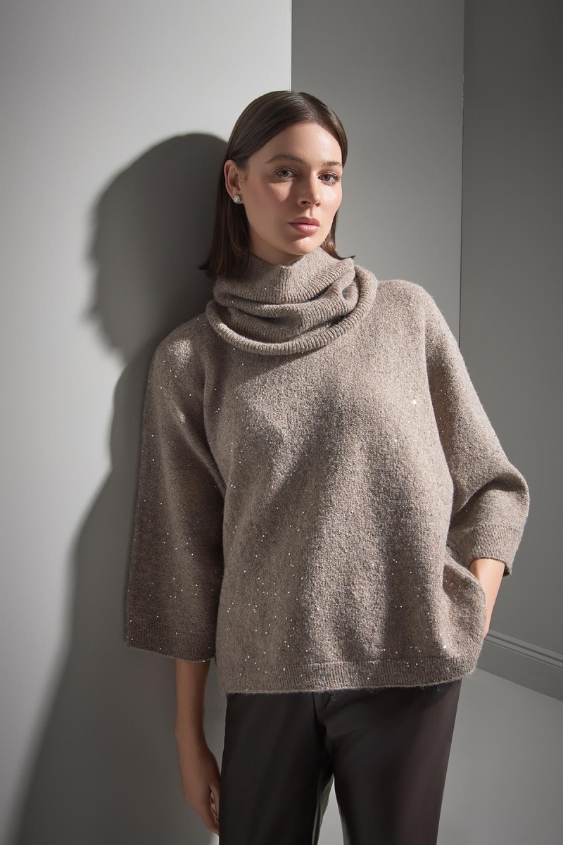 Join Us Kadın Fonksiyonel Yakalı Pullu Triko Kazak W017 Kahverengi Kahverengi