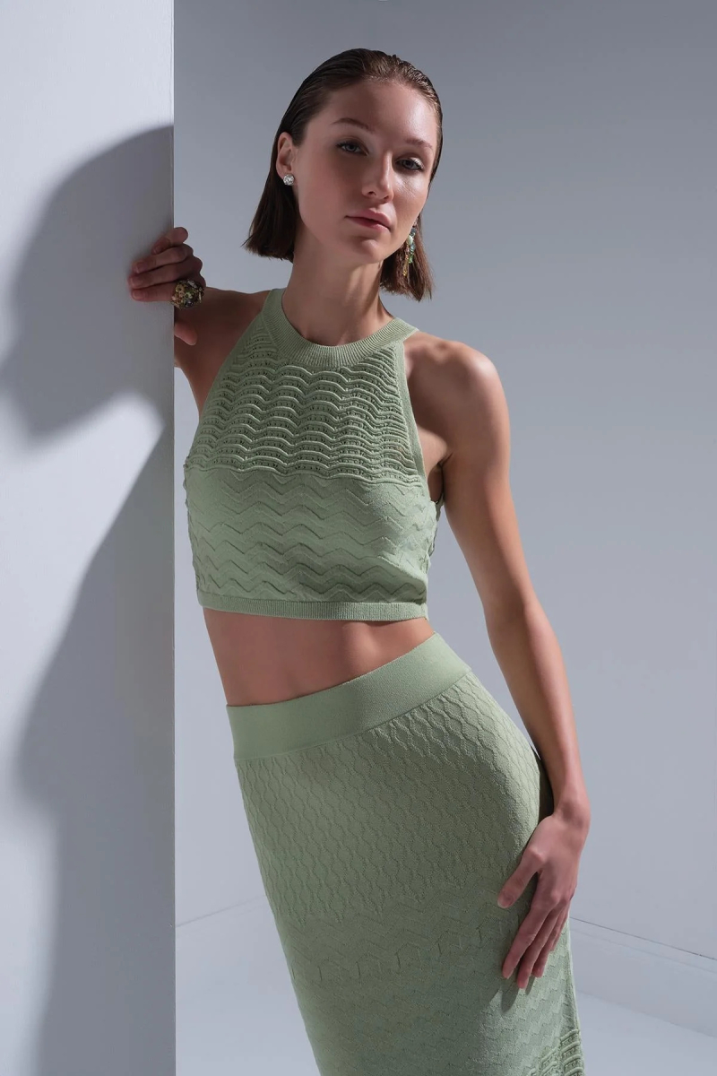 Join Us Kadın Halter Yaka Crop Top S128 Yeşil Yeşil