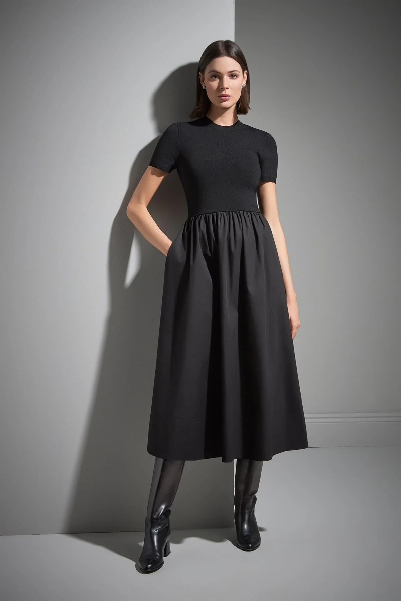 Join Us Kadın Kısa Kollu Kumaş Etekli Midi Triko Elbise W004 Siyah Siyah