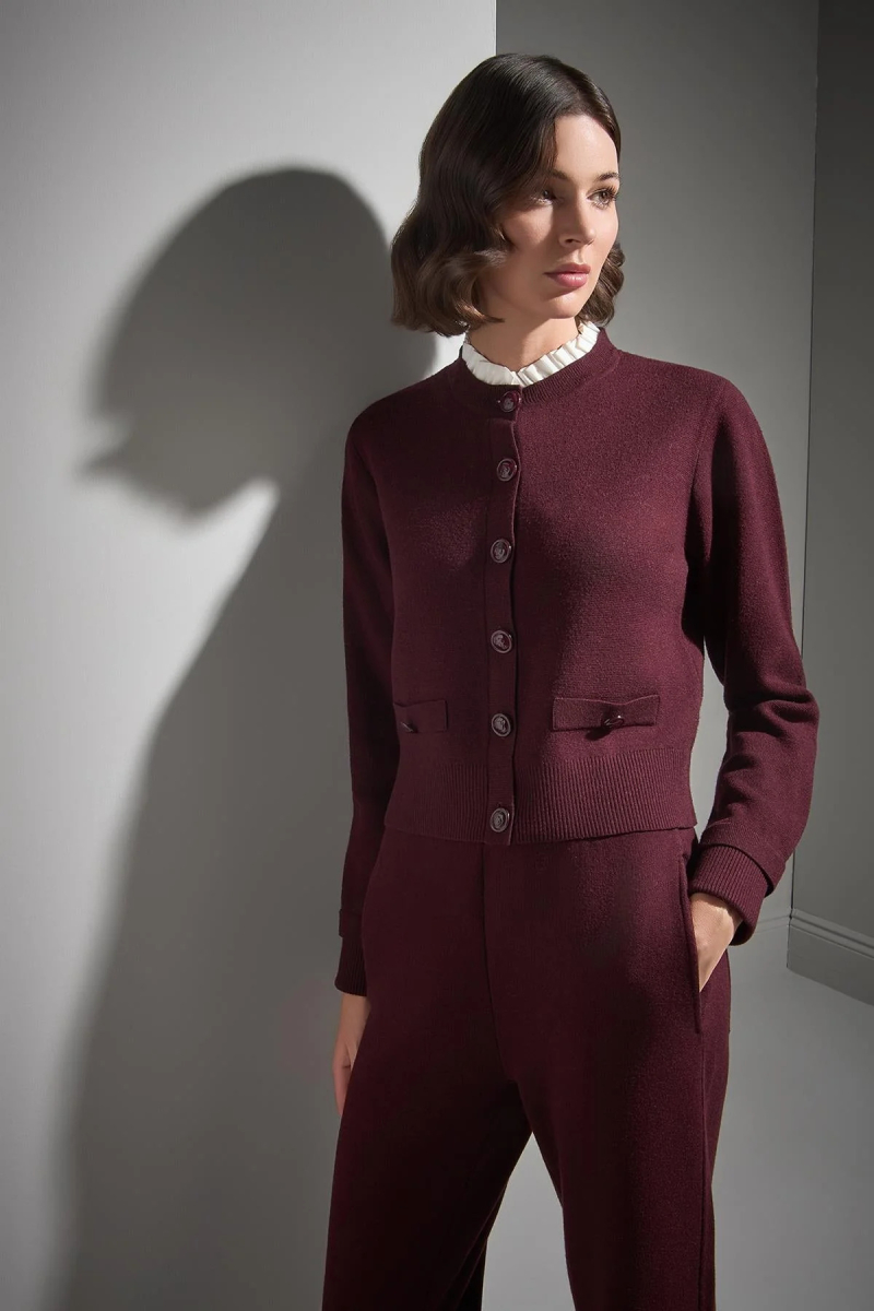 Join Us Kadın Kumaş Detaylı Düğmeli Triko Hırka W020 Bordo Bordo