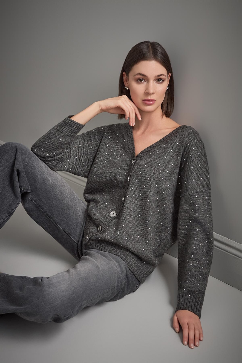 Join Us Kadın Önü ve Arkası V Yaka Düğmeli Triko Hırka W111 Gri Gri