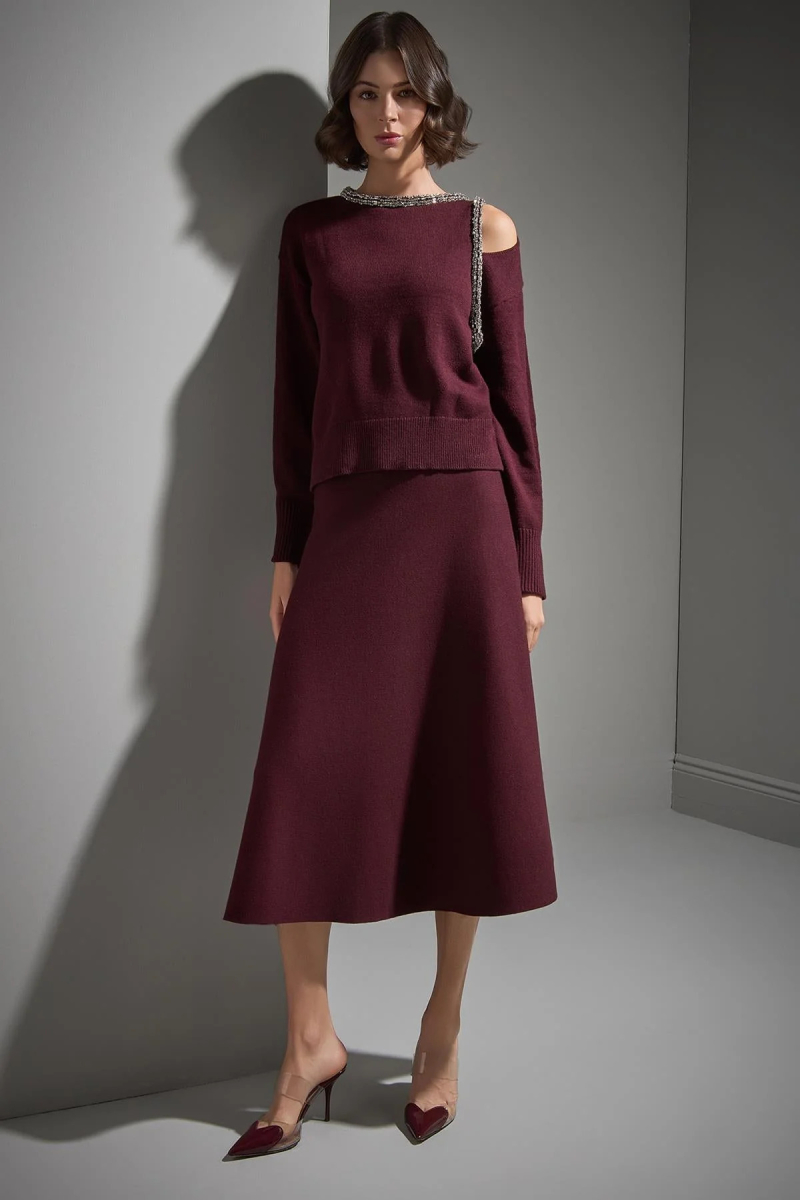 Join Us Kadın Pencere Detaylı Şerit Taş İşlemeli Triko Kazak W022 Bordo Bordo