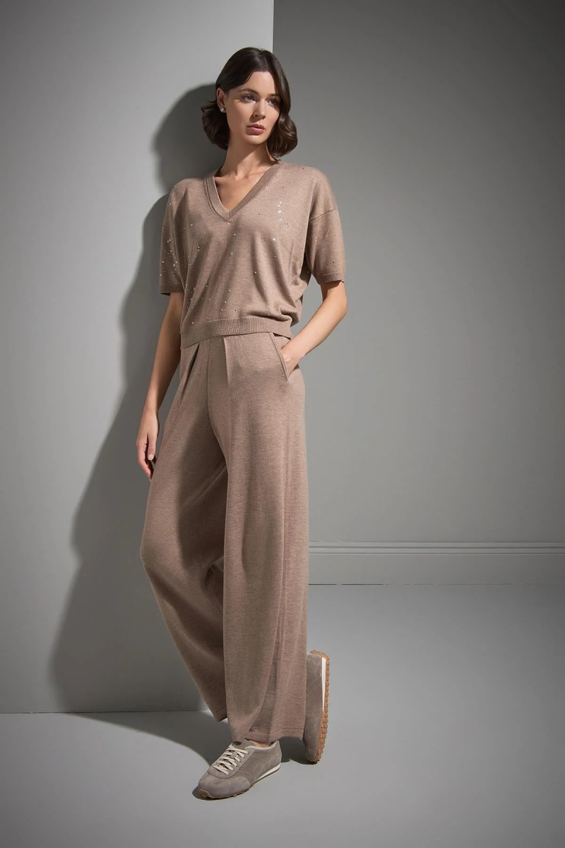 Join Us Kadın Pileli Bol Paça Triko Pantolon W067 Bej Bej