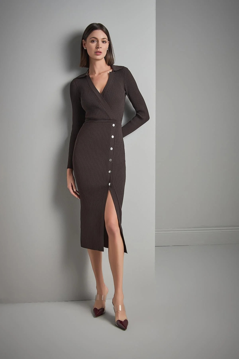 Join Us Kadın Polo Yaka Çıtçıt Detaylı Triko Elbise W103 Kahverengi Kahverengi