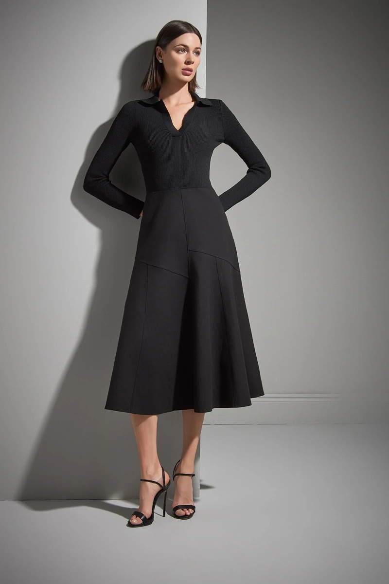 Join Us Kadın Polo Yaka Kumaş Etekli Triko Elbise W013 Siyah Siyah