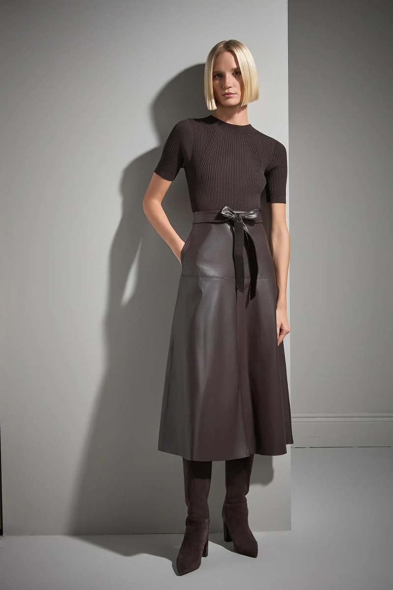 Join Us Kadın Suni Deri Etekli Triko Elbise W099 Kahverengi Kahverengi