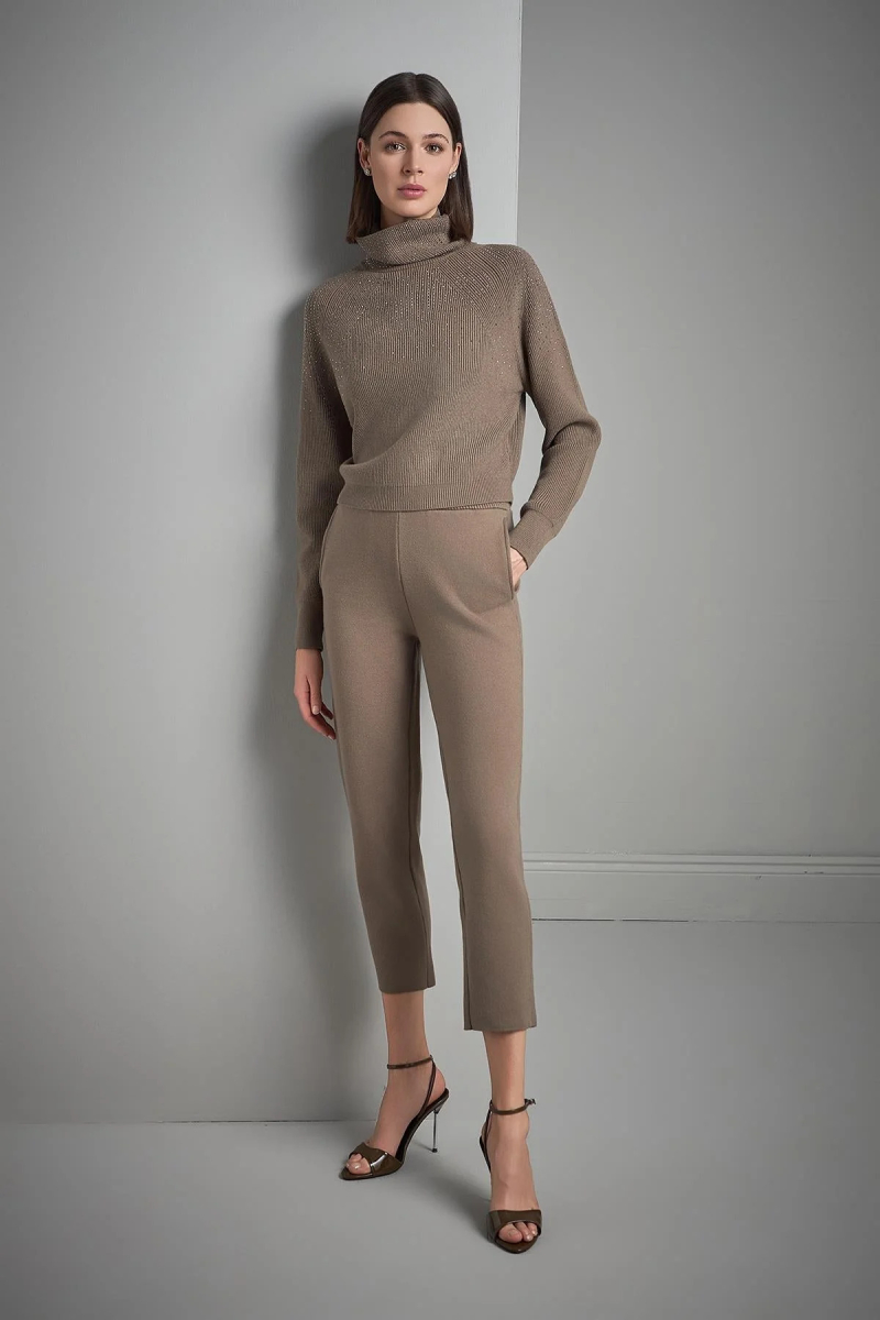 Join Us Kadın Taş Baskılı Boğazlı Triko Kazak W221 Kahverengi Kahverengi