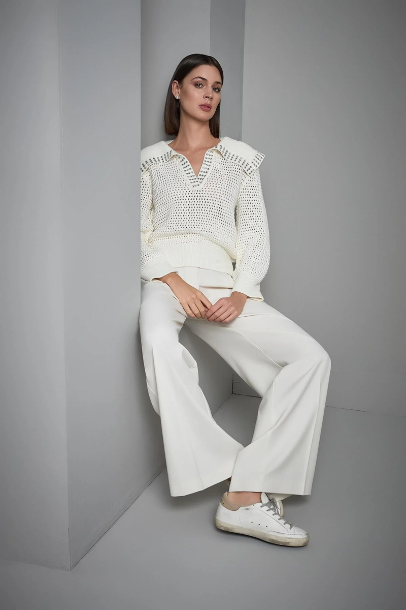 Join Us Kadın Taş Baskılı Geniş Yaka Triko Kazak W082 Ekru Ekru