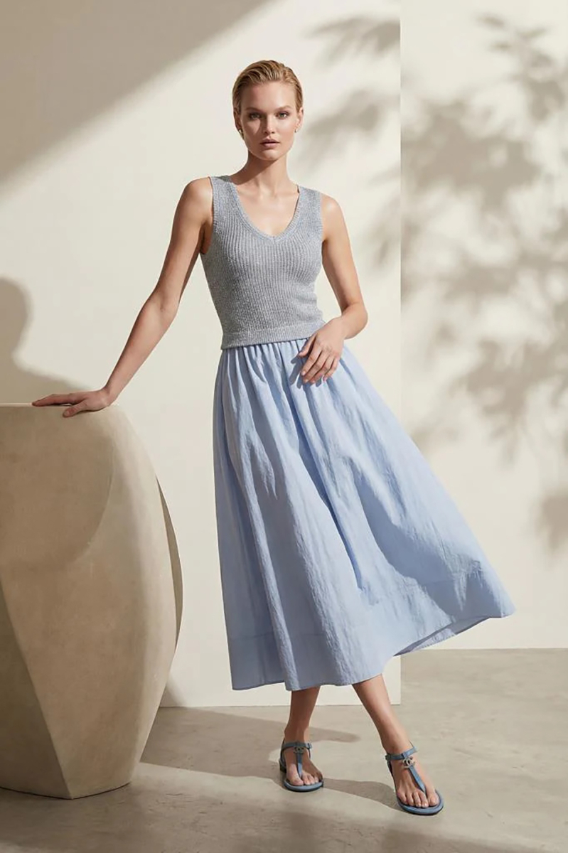 Join Us Kadın V Yaka Kumaş Etekli Midi Elbise S095 Mavi Mavi