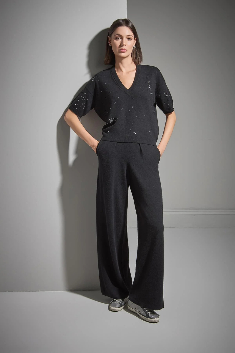 Join Us Kadın V Yaka Taş Baskılı Triko Kazak W198 Siyah Siyah