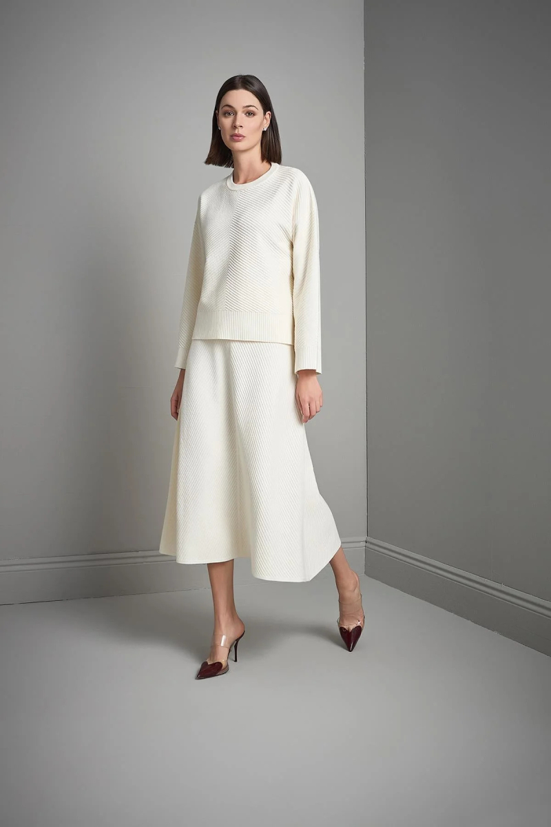 Join Us Kadın Verev Desenli Kloş Midi Triko Etek W120 Ekru Ekru