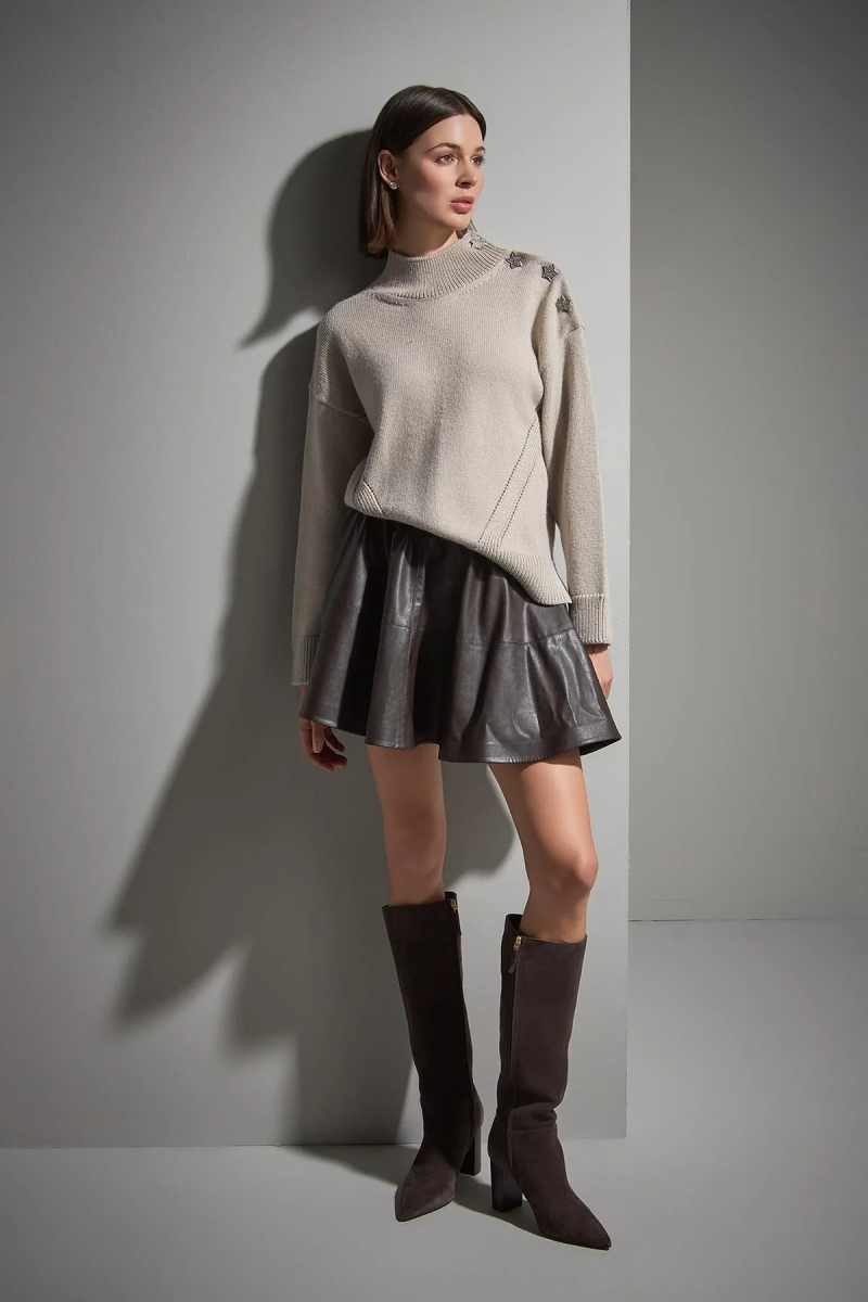 Join Us Kadın Yıldız Düğme Detaylı Simli Triko Kazak W056 Bej Bej