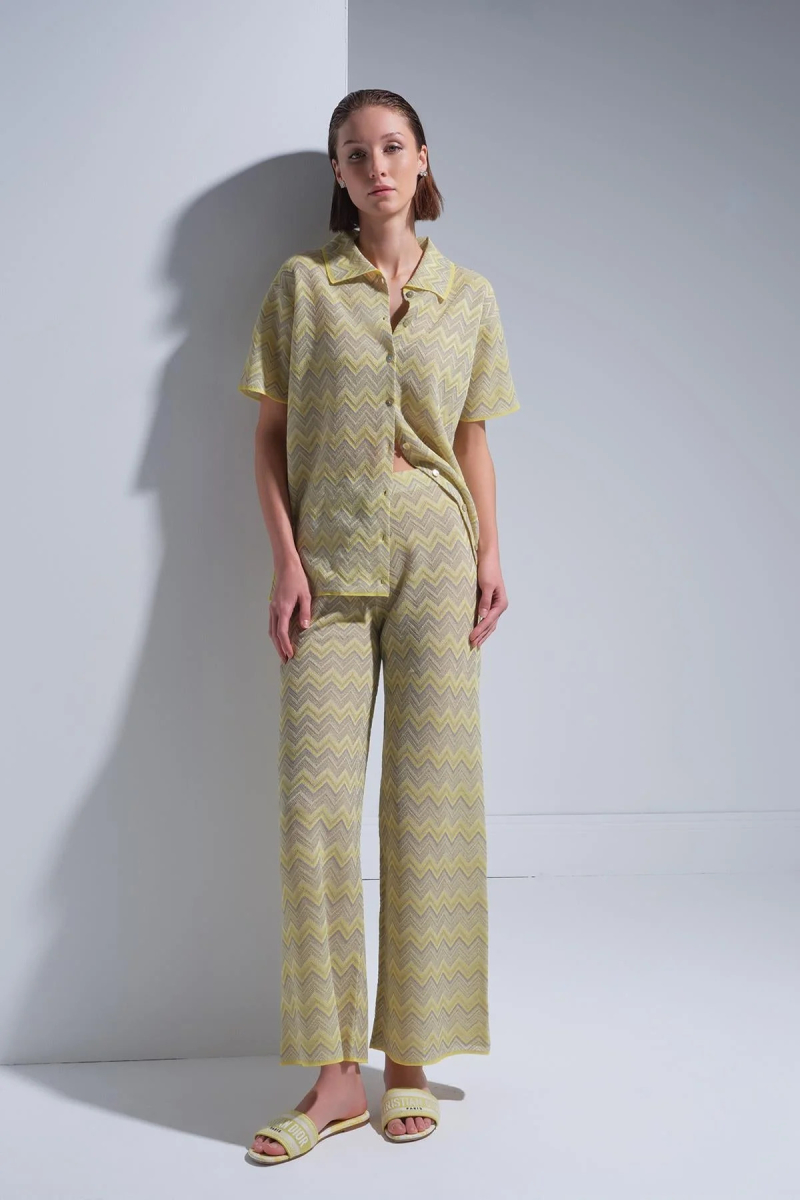 Join Us Kadın Zikzak Desen Bol Paça Pantolon S101 Sarı Sarı