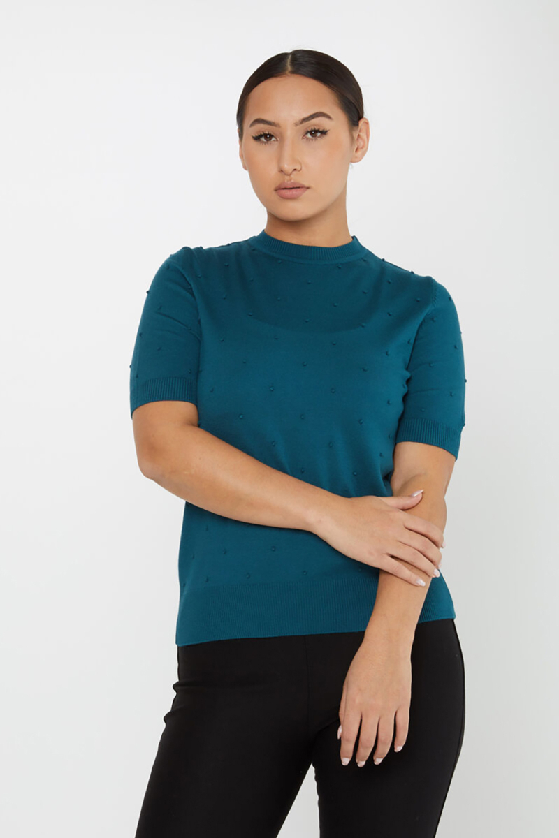 Kazee Kadın Kendinden Dokumalı Amerikan Model Kısa Kol Triko Kazak 30131 Petrol Petrol