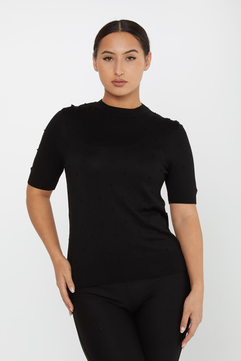 Kazee Kadın Kendinden Dokumalı Amerikan Model Kısa Kol Triko Kazak 30131 Siyah Siyah