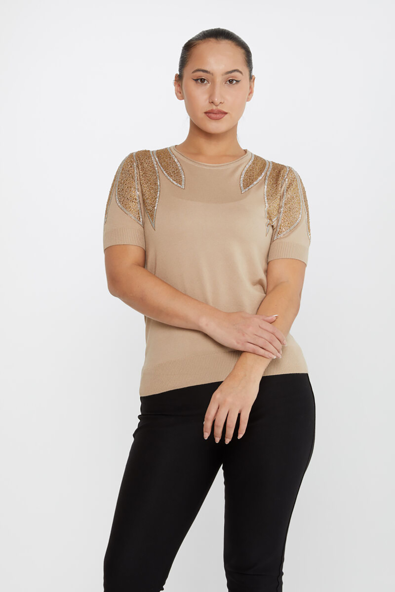 Kazee Kadın Taş Detaylı Kısa Kollu Triko Kazak 30792 Vizon Vizon