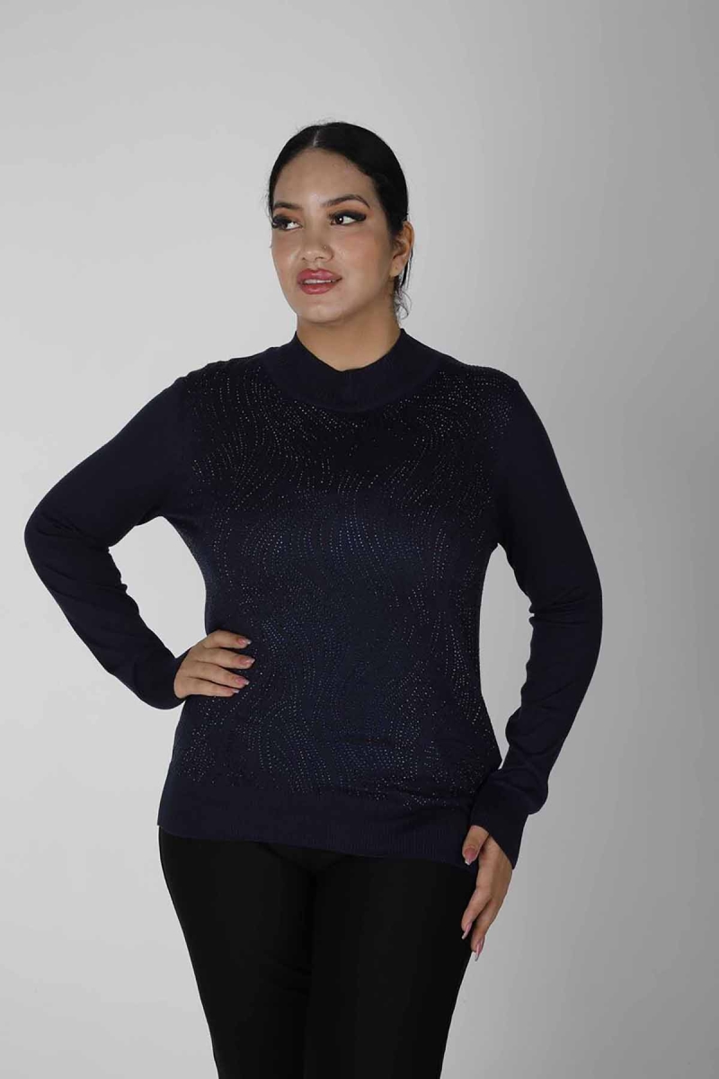 Kazee Kadın Taşlı Dik Yaka Triko Kazak 30687 Lacivert Lacivert