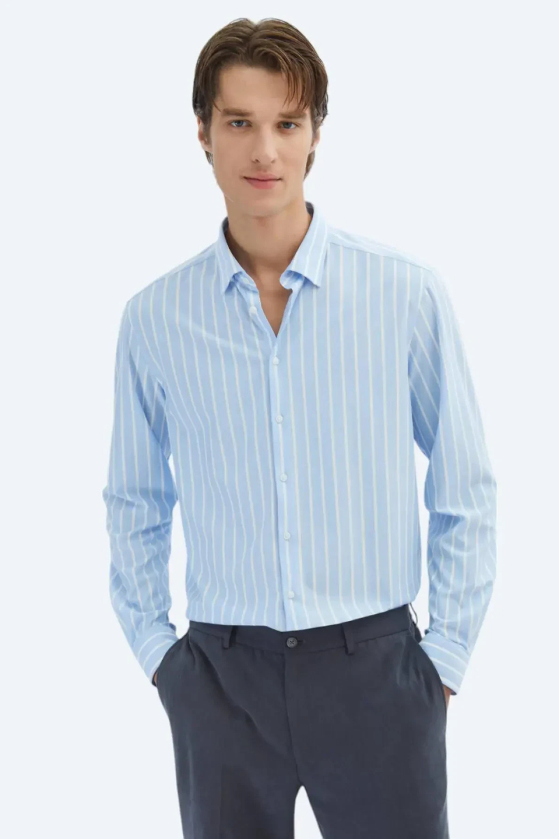 Kip Erkek Çizgili Regular Fit Casual Pamuk Karışımlı Gömlek GM-5846 Mavi Mavi