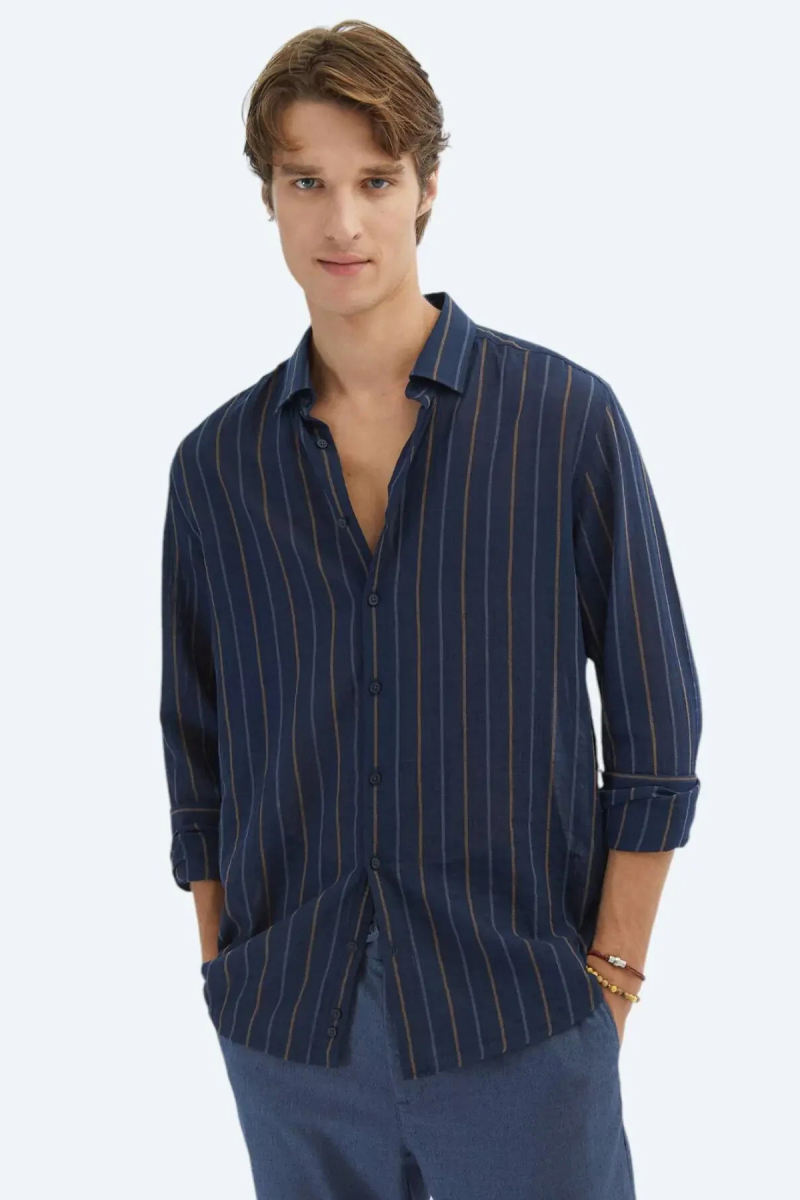 Kip Erkek Çizgili Regular Fit Dokuma Casual Pamuk Karışımlı Gömlek GM-5776 Lacivert Lacivert