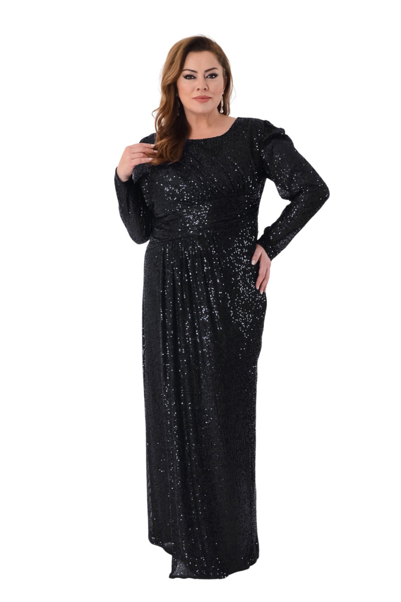 Lilas XXL Kadın Büyük Beden Full Pul Payet İşlemeli Uzun Abiye Elbise 2482 Siyah Siyah