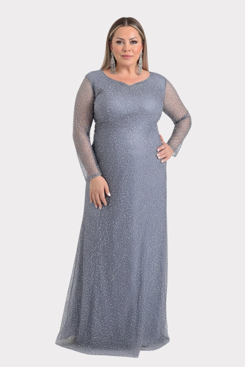 Lilas XXL Kadın Büyük Beden Kalp Yaka Uzun Kollu Abiye Elbise 9471 Gri Gri