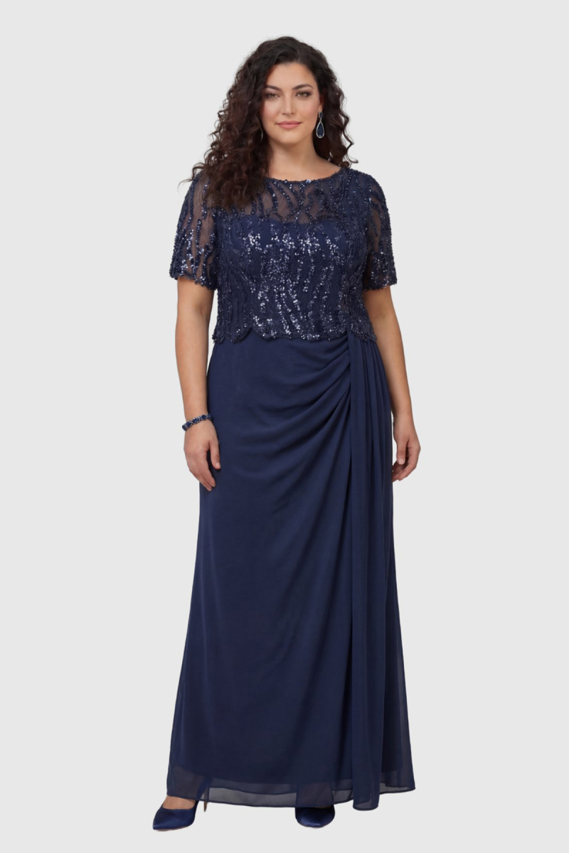 Lilas XXL Kadın Büyük Beden Kısa Kollu Şifon Abiye Elbise 2604 Lacivert Lacivert