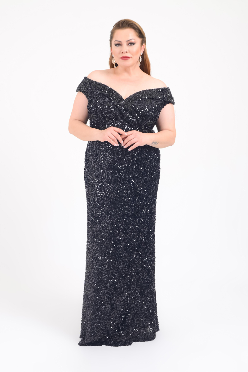 Lilas XXL Kadın Büyük Beden Madonna Yaka Full Taş ve Payetli Uzun Abiye Elbise 2439 Siyah Siyah
