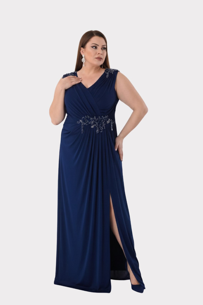 Lilas XXL Kadın Büyük Beden Omuz ve Bel Taş Detaylı Geniş Askılı Uzun Abiye Elbise 2510 Lacivert Lacivert