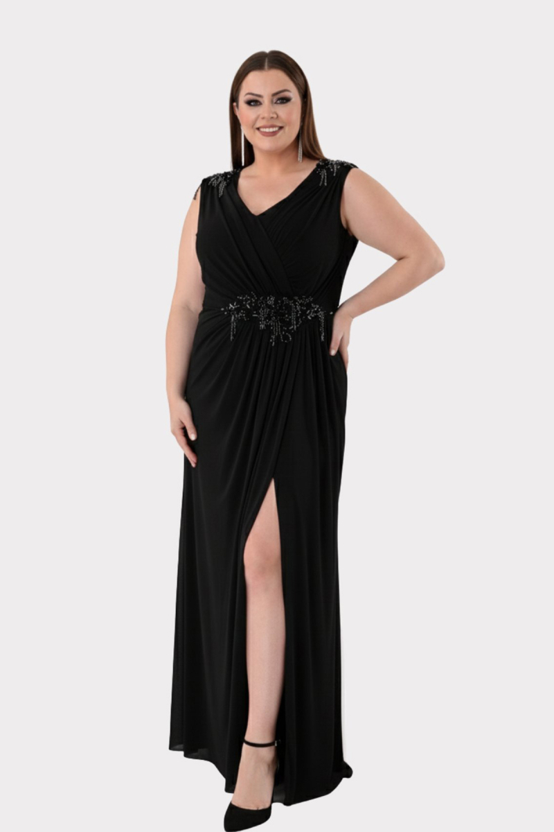 Lilas XXL Kadın Büyük Beden Omuz ve Bel Taş Detaylı Geniş Askılı Uzun Abiye Elbise 2510 Siyah Siyah