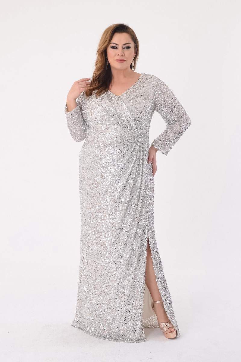 Lilas XXL Kadın Büyük Beden Pul Payetli V Yaka Uzun Abiye Elbise 2479 Gümüş Gümüş