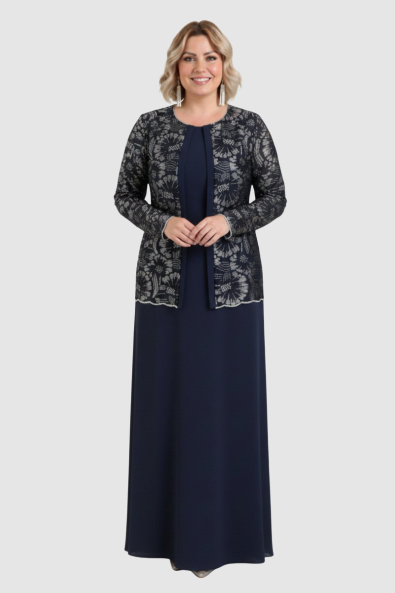 Lilas XXL Kadın Büyük Beden Sabit Ceket Detaylı Krep Kumaş Uzun Abiye Elbise 2605 Lacivert Lacivert