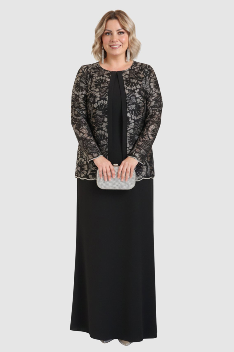 Lilas XXL Kadın Büyük Beden Sabit Ceket Detaylı Krep Kumaş Uzun Abiye Elbise 2605 Siyah Siyah