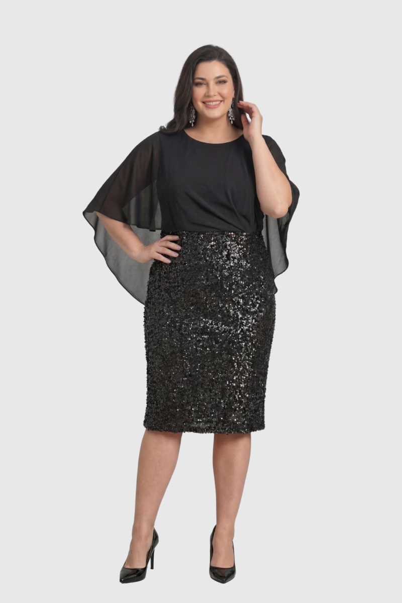 Lilas XXL Kadın Büyük Beden Şifon Pelerinli Pul Payetli Kısa Abiye Elbise 2615 Siyah Siyah