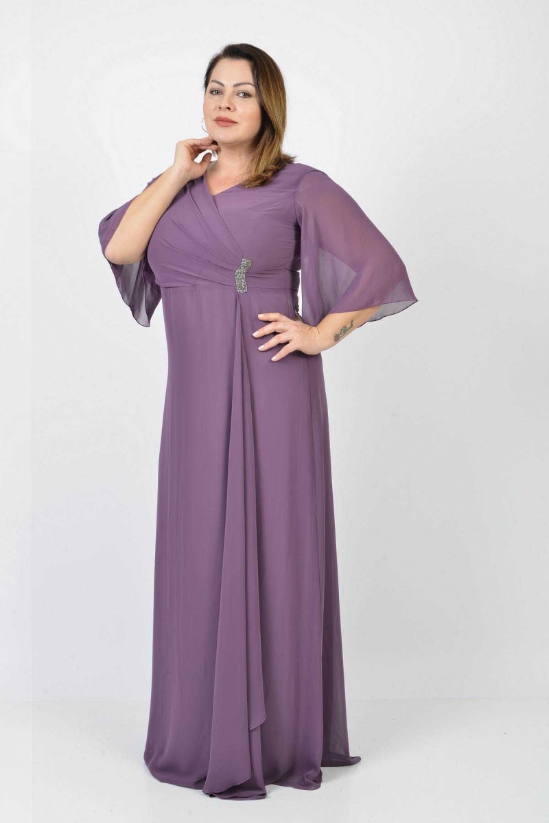 Lilas XXL Kadın Büyük Beden Şifon Uzun Abiye Elbise 5489407 Lavanta Lavanta