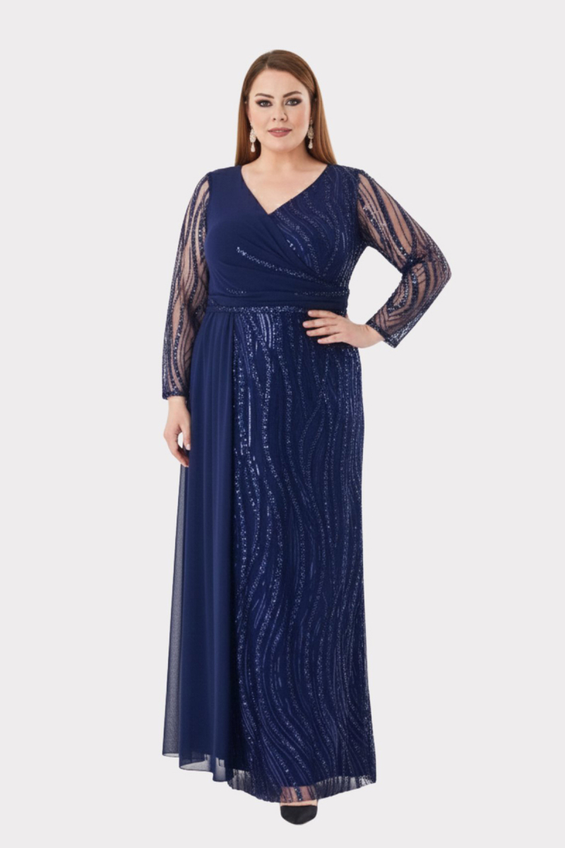 Lilas XXL Kadın Büyük Beden Taş ve Payet İşlemeli Tül Kumaş Uzun Abiye Elbise 2518 Lacivert Lacivert