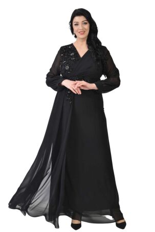 Lilas XXL Kadın Büyük Beden Uzun Şifon Abiye Elbise 9571 Siyah Siyah