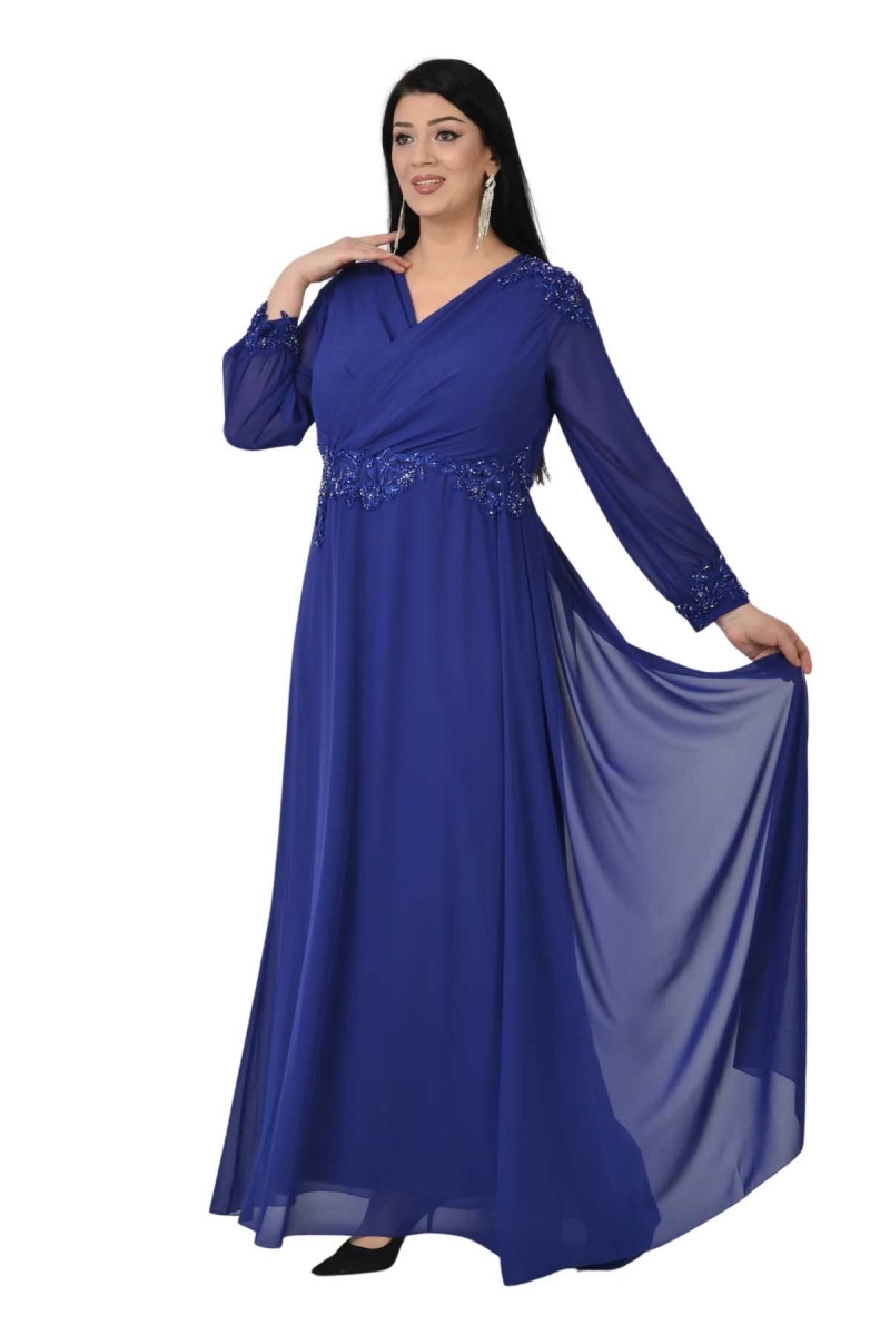 Lilas XXL Kadın Büyük Beden Uzun Şifon Abiye Elbise 9573 Saks Saks