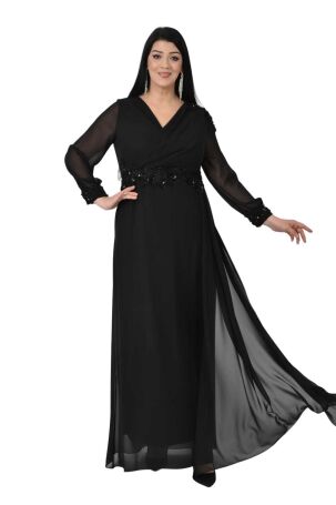 Lilas XXL Kadın Büyük Beden Uzun Şifon Abiye Elbise 9573 Siyah Siyah