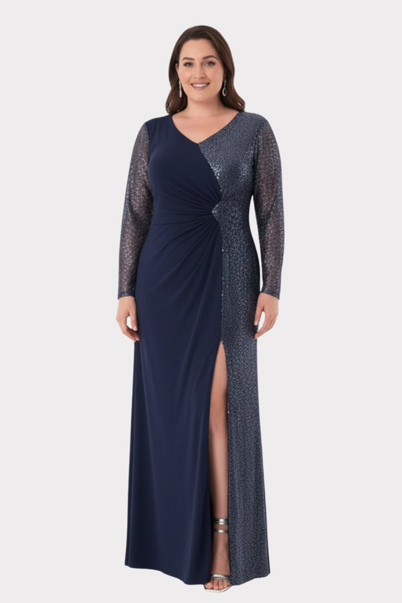 Lilas XXL Kadın Büyük Beden V Yaka Taş Detaylı Uzun Abiye Elbise 2559 Lacivert Lacivert