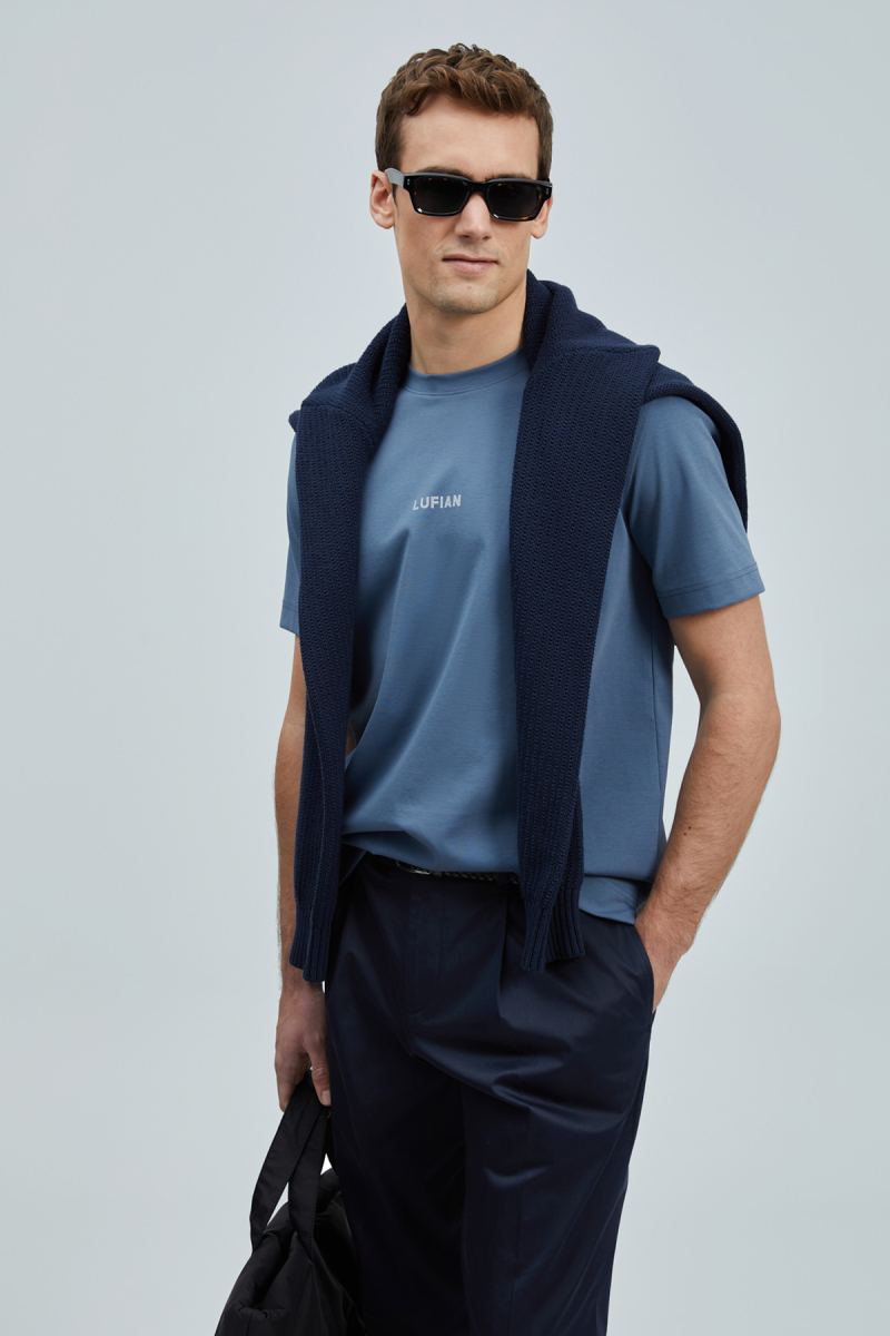 Lufian Erkek Marcus Modern Grafik T-Shirt 111020235 Koyu Mavi Koyu Mavi