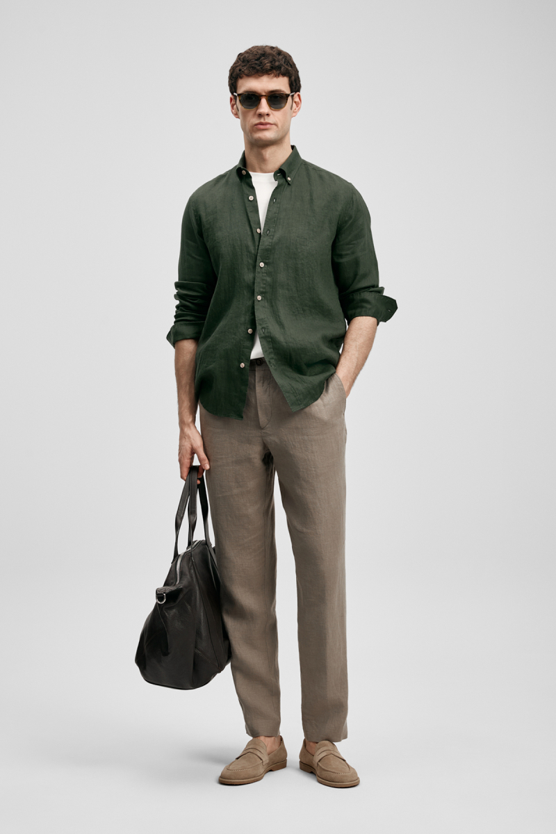 Lufian Erkek Pitaya Comfort Fit Keten Gömlek 111010654 Koyu Yeşil Koyu Yeşil