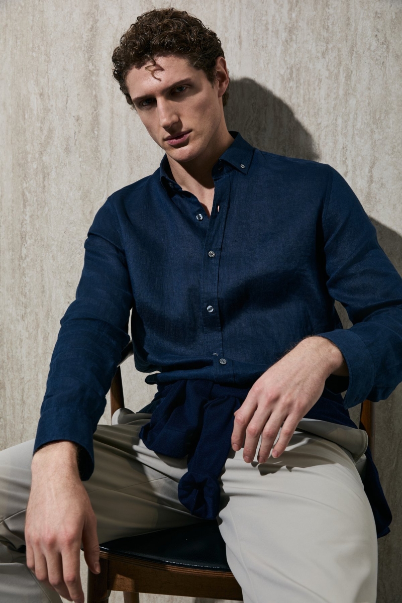 Lufian Erkek Pitaya Comfort Fit Keten Gömlek 111010654 Lacivert Lacivert