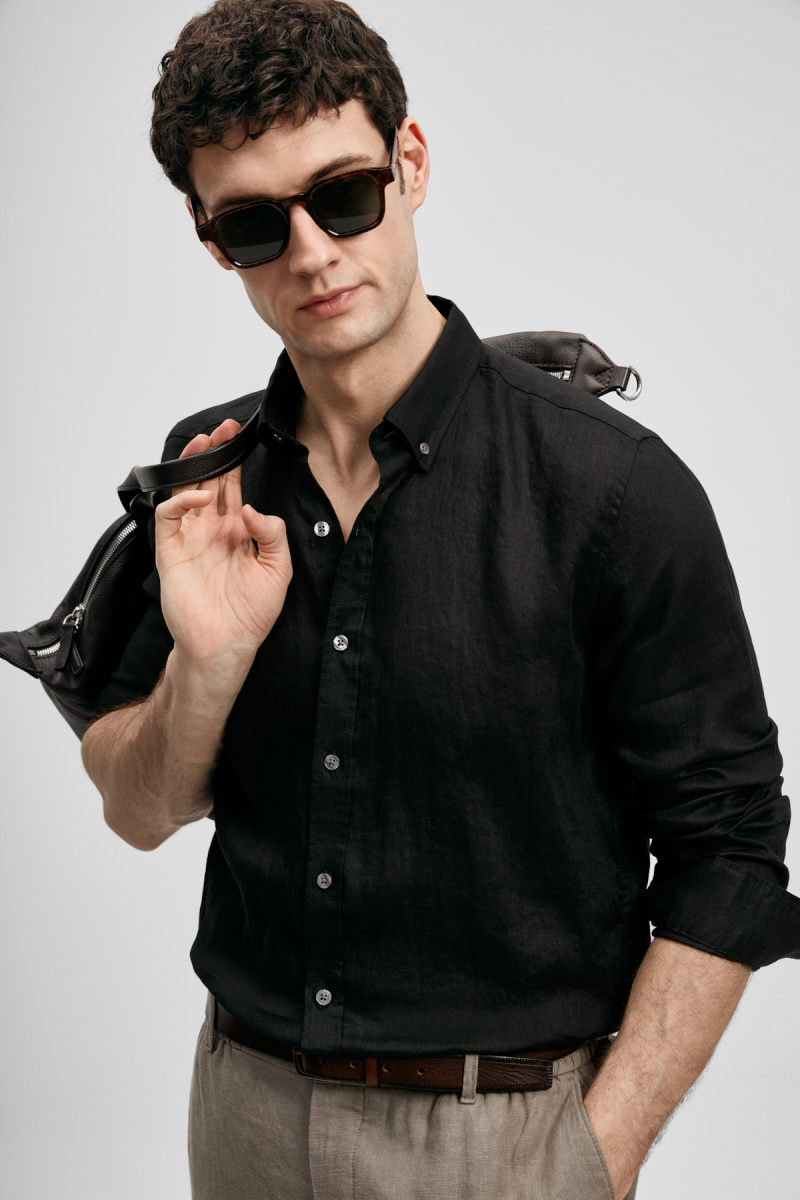 Lufian Erkek Pitaya Comfort Fit Keten Gömlek 111010654 Siyah Siyah